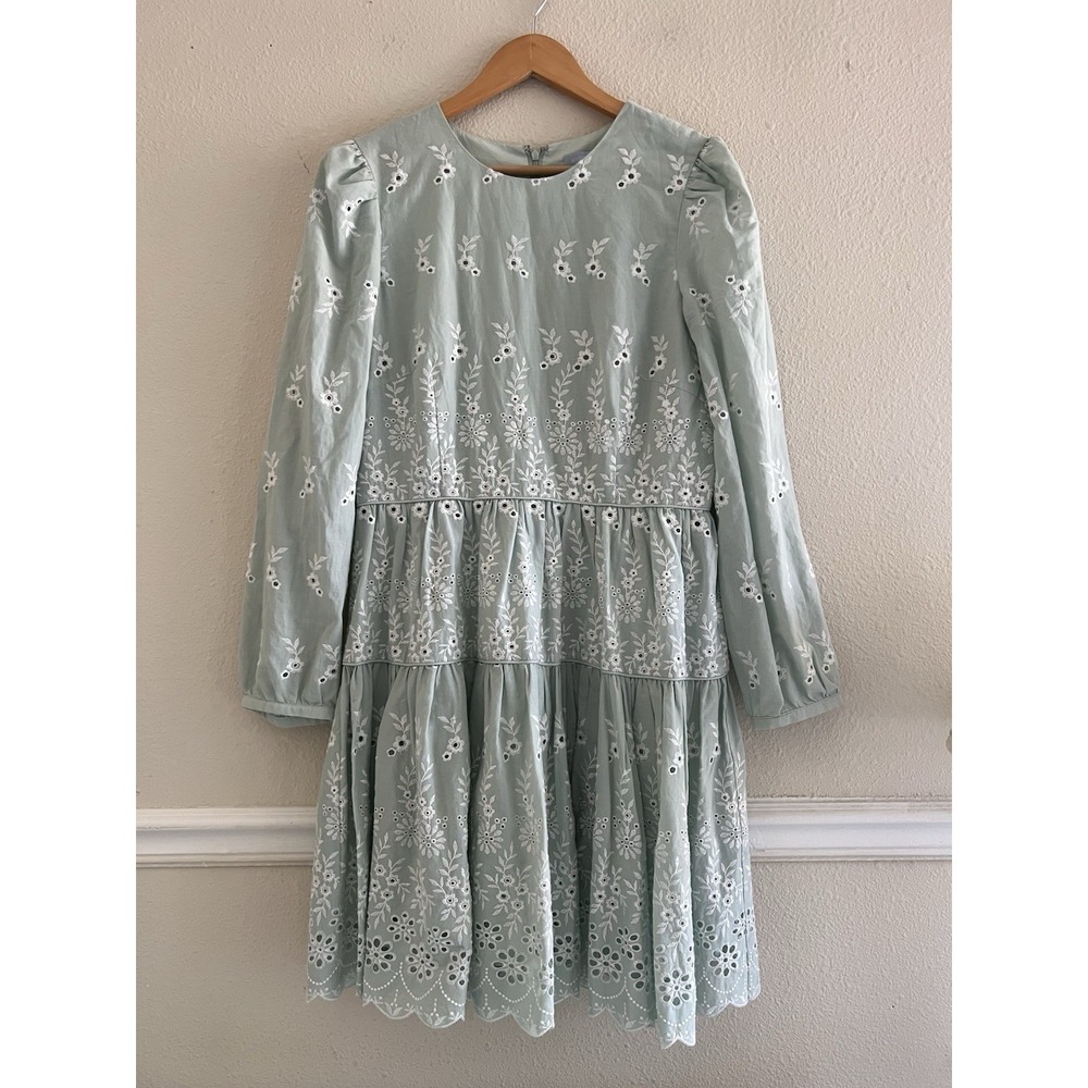 Antonio Melani Mint Cotton Floral Eyelet Long Sleeve Dress Sz 12 Romantic Boho